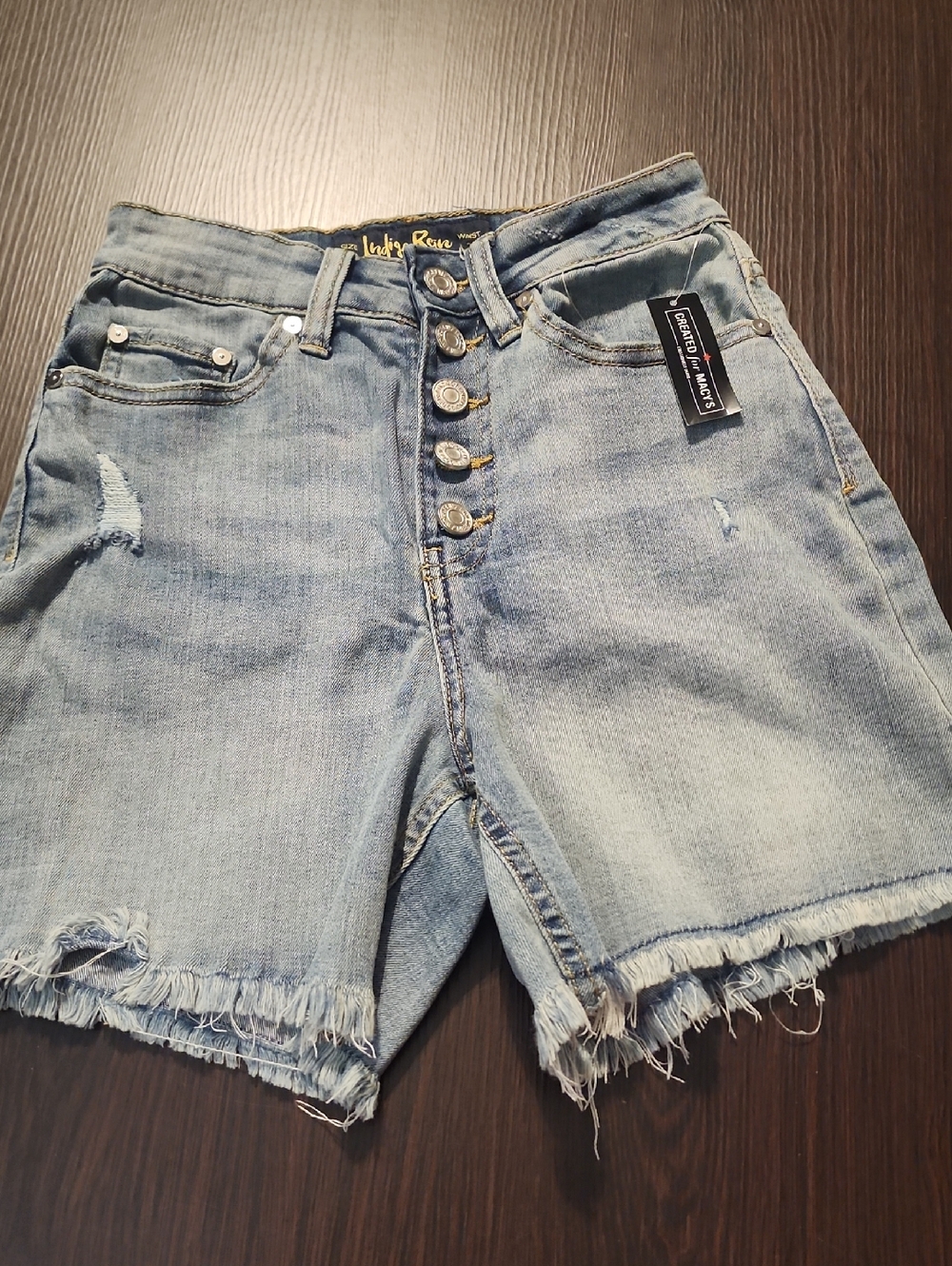 Macy's Light Blue High-Rise Distressed Denim Button-Fly Shorts